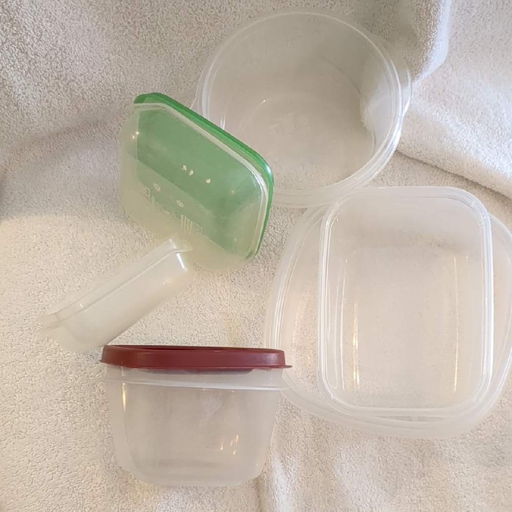 Assorted Plastic Food Storage Containers - Green & Red Lids
